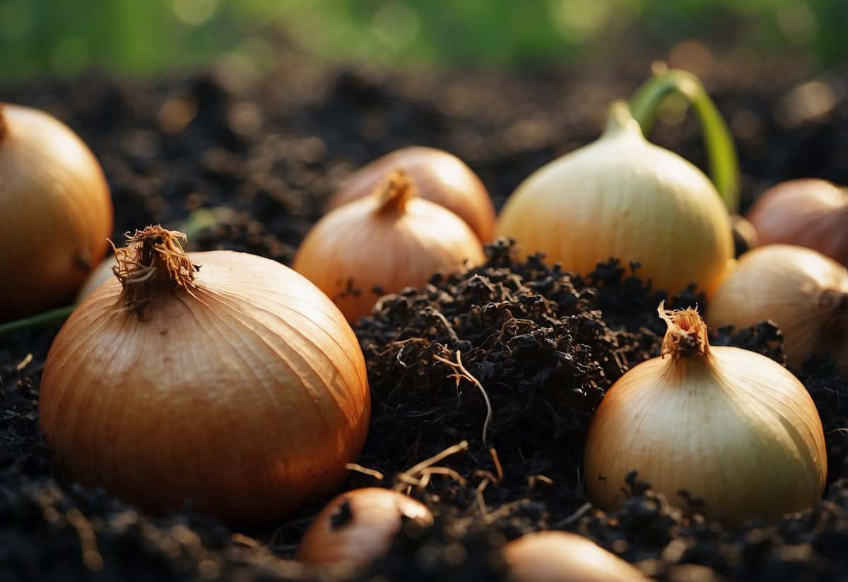 Onions and compost pile with visible decomposition process