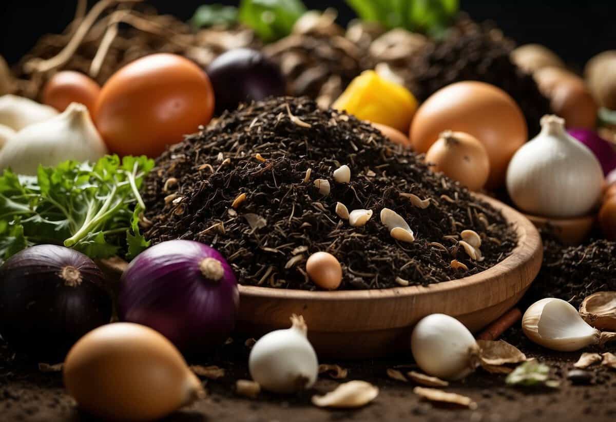 A pile of compost ingredients including vegetable scraps, eggshells, and yard waste, with a clear label "Onions" in the mix