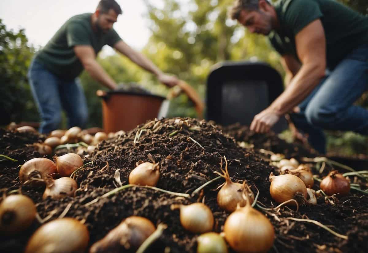 Onions being added to a compost pile, surrounded by various organic waste materials and a composting bin