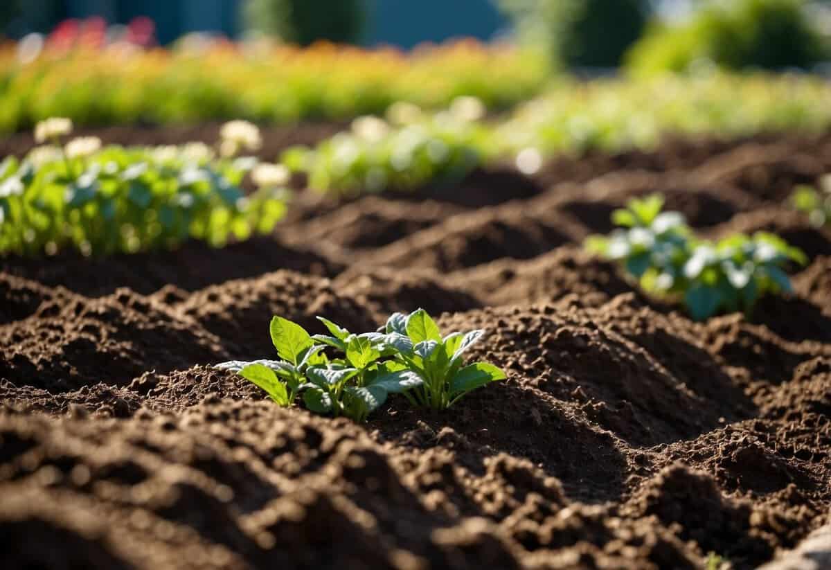 A sunny garden with a freshly tilled soil bed, ready for planting hydrangeas