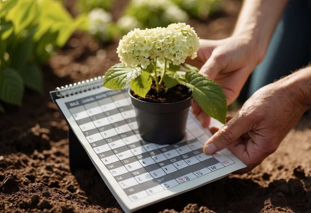 A sunny garden with freshly tilled soil, a gardener holding a young hydrangea plant, and a calendar showing the month of May