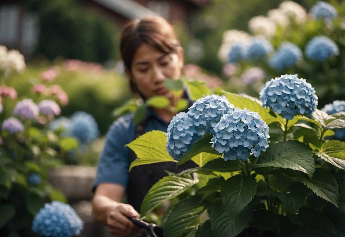 A gardener plants hydrangeas in a blooming garden in May