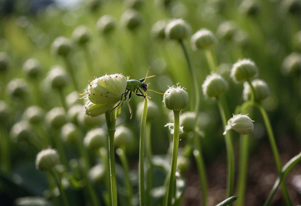 Aphids recoiling from pungent garlic and strong-smelling herbs in a garden setting