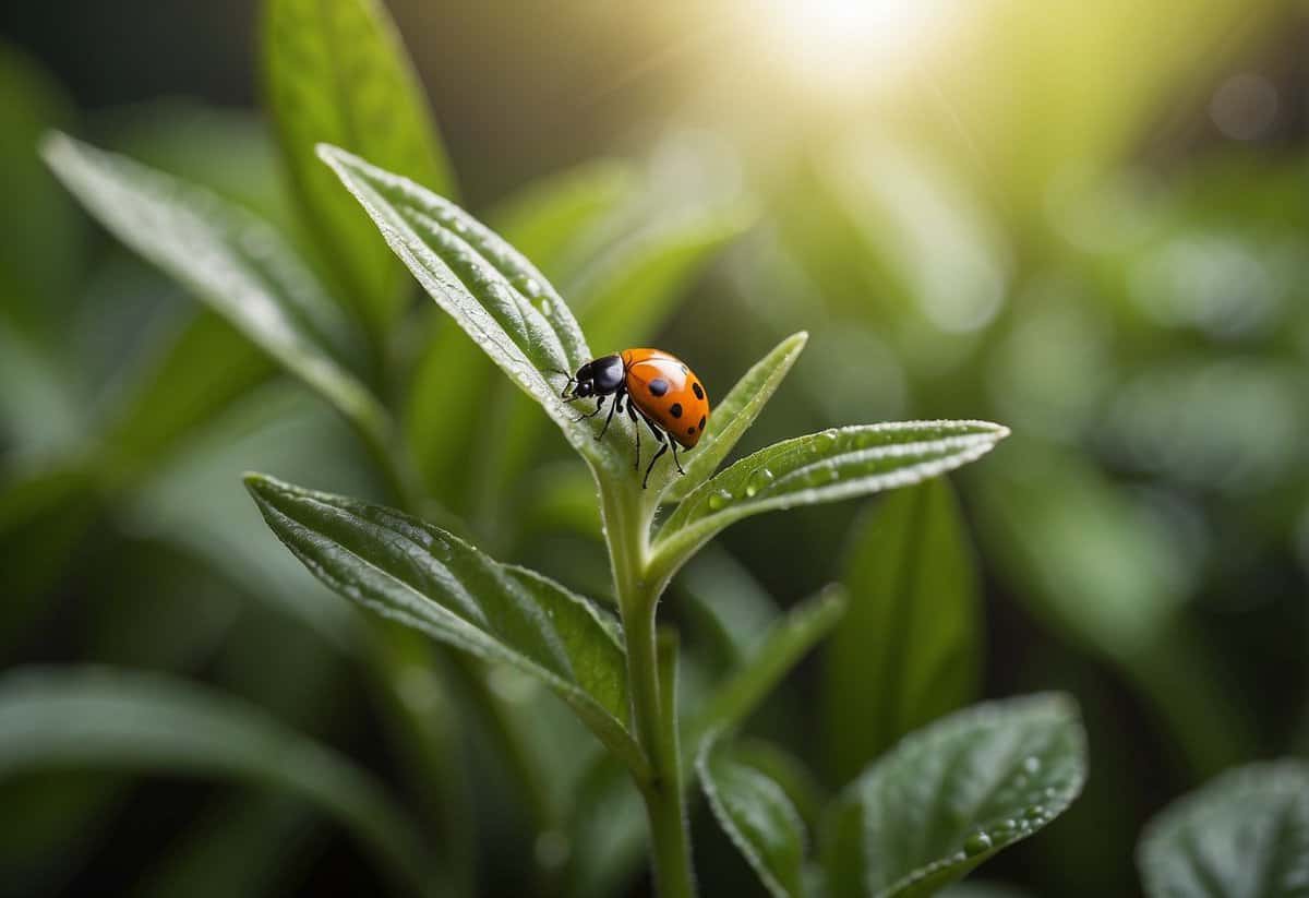 Healthy plants surrounded by natural predators like ladybugs and lacewings, while being sprayed with a neem oil and garlic solution