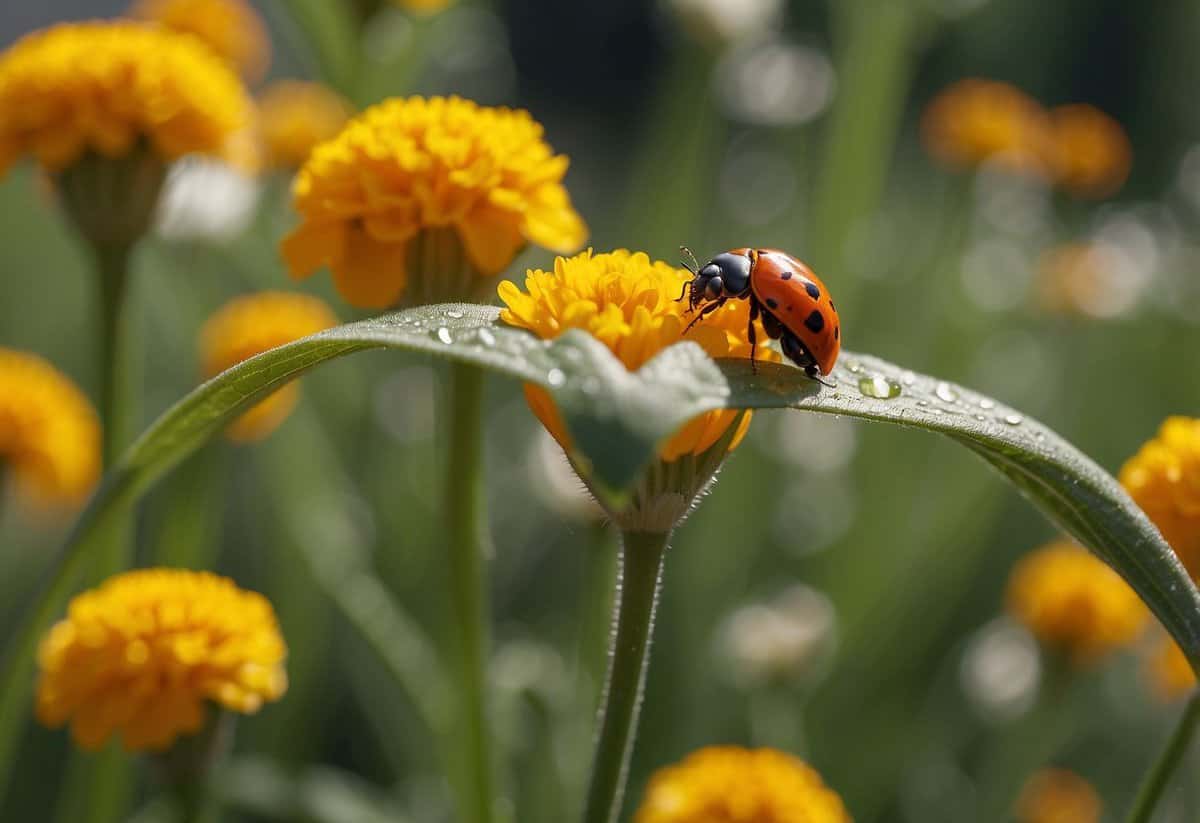 Aphids flee from pungent garlic and strong-smelling marigolds in a garden, while ladybugs feast on the tiny pests