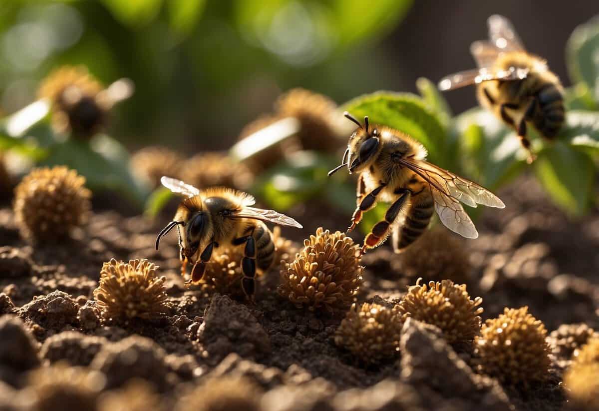 Bees buzzing around coffee grounds in a garden or farm setting