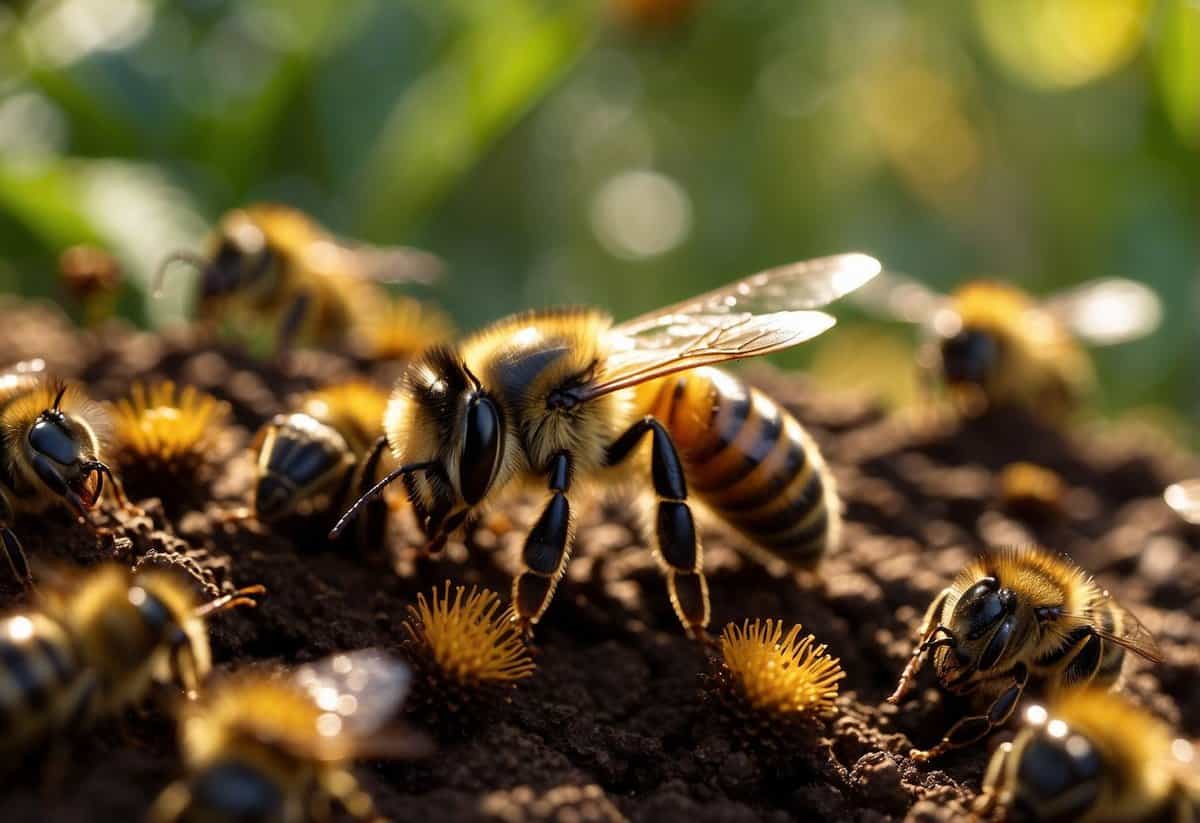 Bees gather around coffee grounds, attracted by the scent and searching for nectar and pollen. The impact on ecosystems and wildlife is evident as the bees interact with the coffee grounds