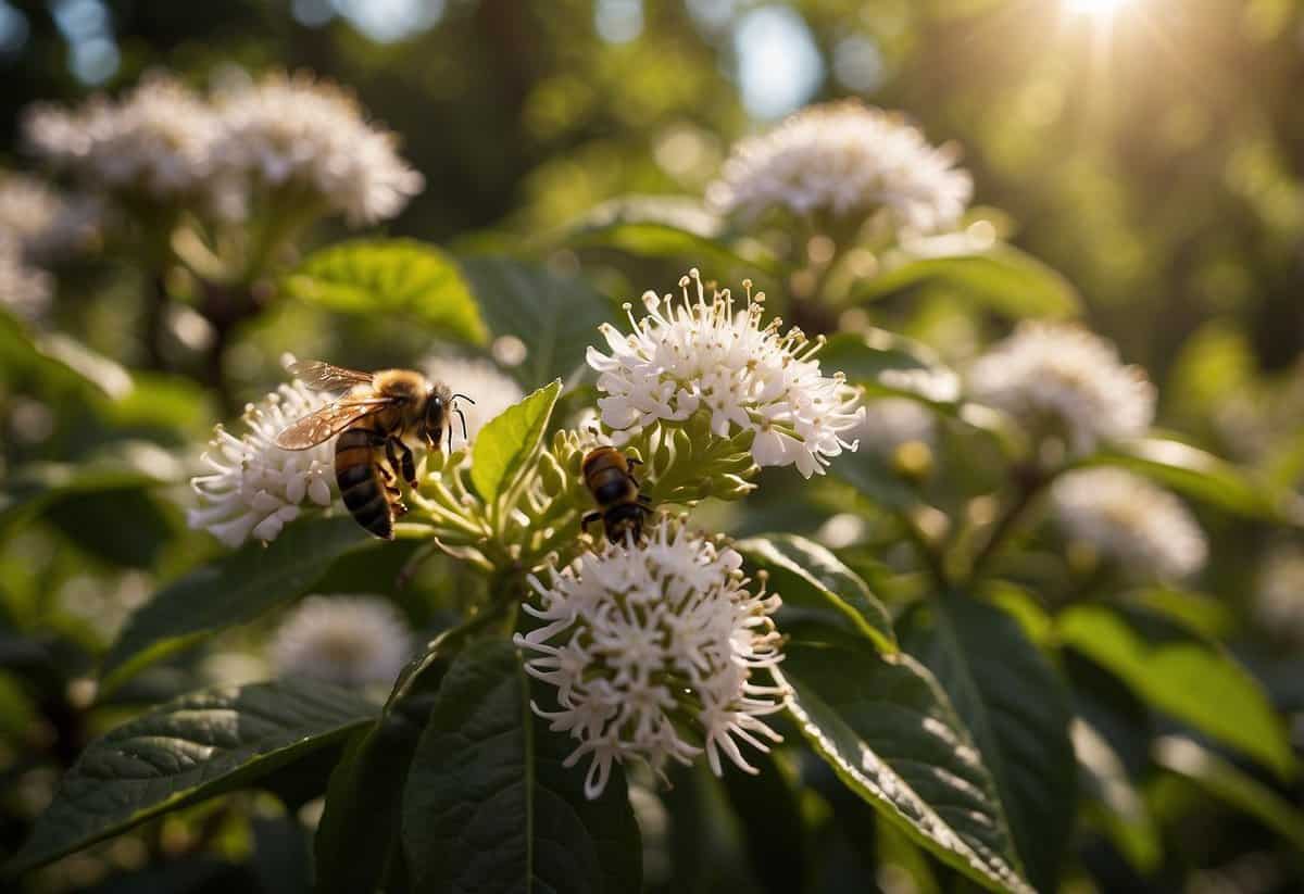 Bees pollinate coffee flowers, while coffee plants provide shade and nectar for bees. The symbiotic relationship between coffee farming and beekeeping is depicted in a lush, sun-dappled farm scene