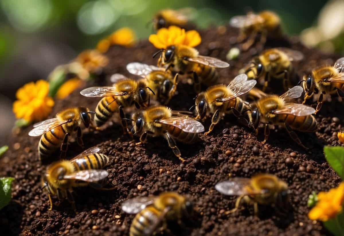 Bees swarm around a pile of coffee grounds, drawn to the earthy aroma and rich nutrients. Nearby, vibrant flowers bloom, attracting the buzzing insects with their sweet nectar