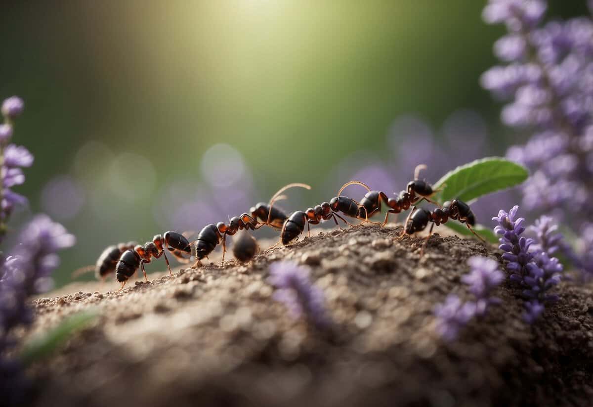 A cluster of ants avoids a sprig of blooming lavender, retreating from its strong scent