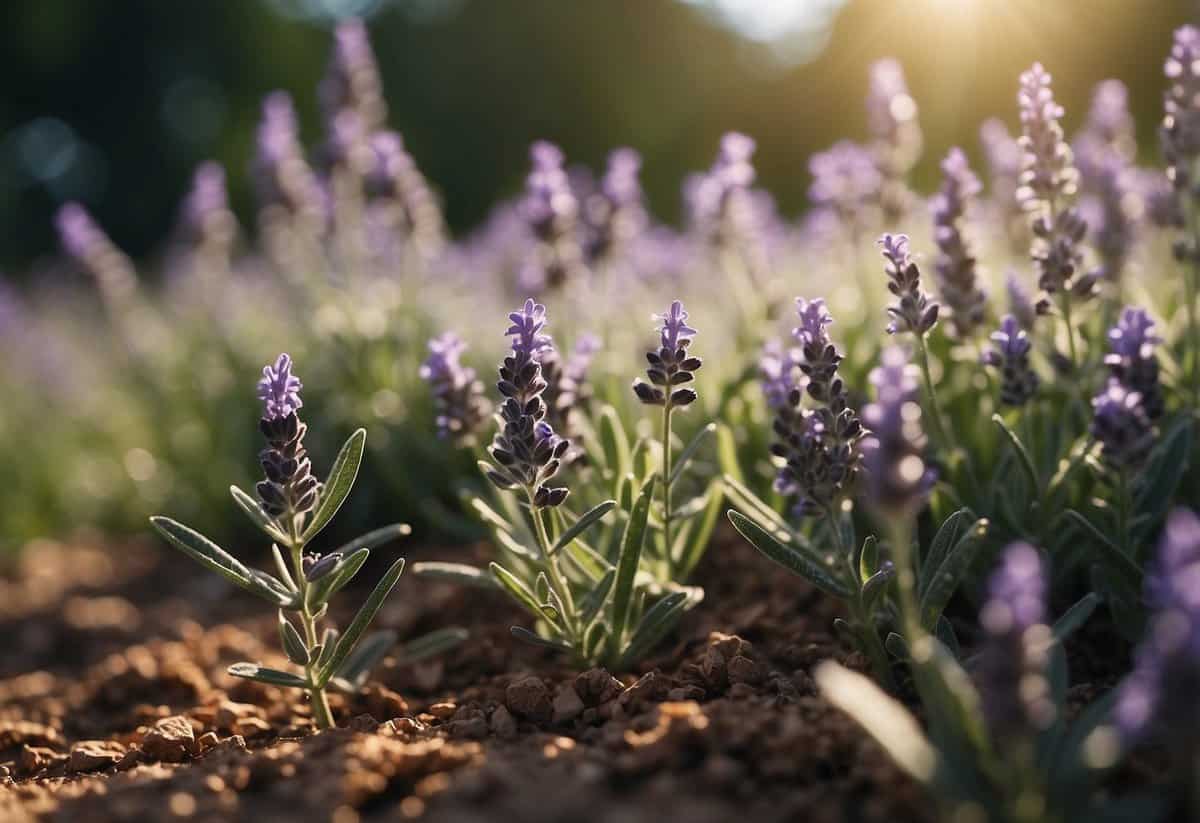 Lavender plants repelling ants in a garden setting, with a clear focus on the plants and any ants avoiding them