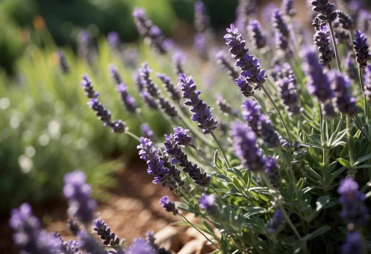 Lavender plants repel ants in a garden. Show a vibrant garden with lavender plants surrounded by a barrier of crushed mint leaves