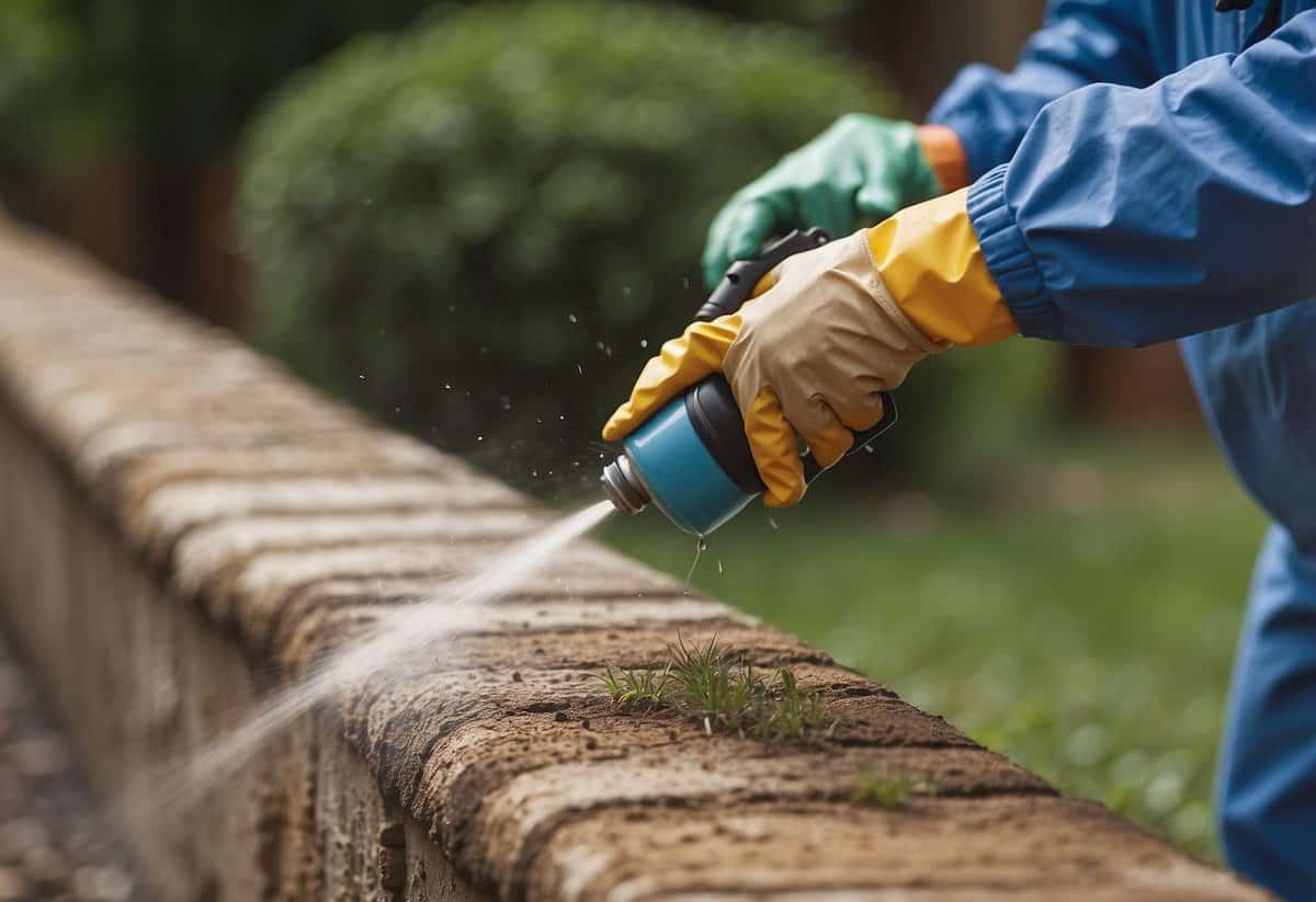 An exterminator sprays a barrier around the home's foundation to prevent ants. A cleaning crew removes food sources and seals cracks