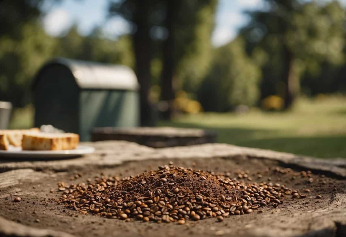 Coffee grounds scattered around a picnic area, with wasps flying away from the strong scent