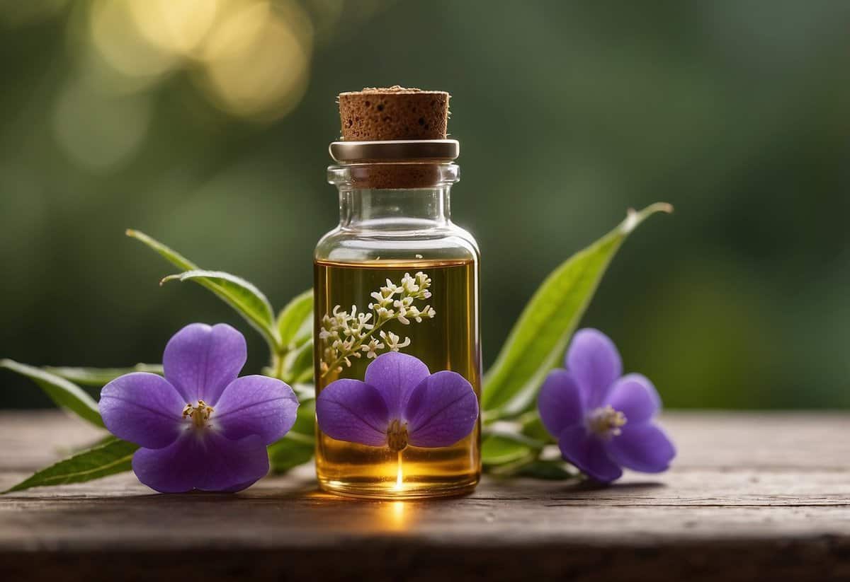 A bottle of essential oils and blends sits on a table, emitting a strong, pungent aroma that repels flies. The scent wafts through the air, creating a barrier that keeps the pesky insects at bay