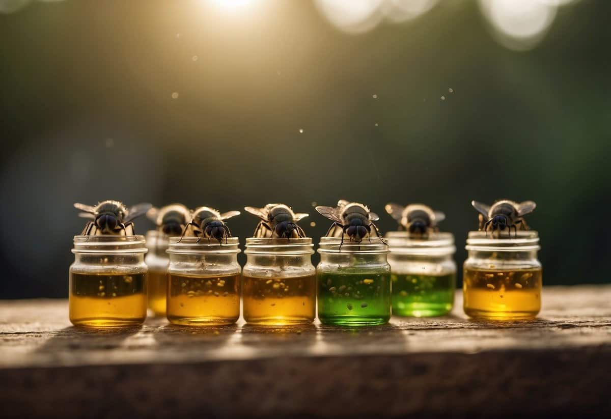 Flies swarm around various repellent solutions, like vinegar and essential oils, placed in open containers. The pungent smell repels the pesky insects