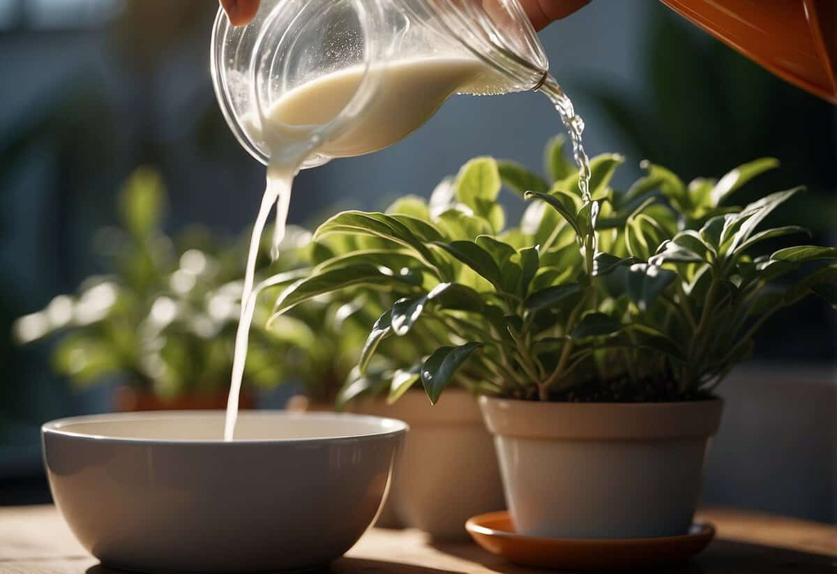 Milk being poured onto a potted plant from a watering can