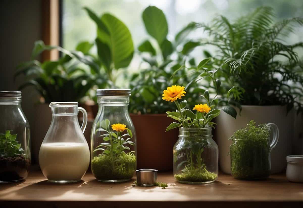 Plants surrounded by various liquid containers, with a question mark above a milk jug