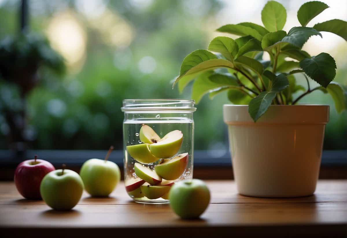 Apple peels soaking in water, a small container labeled "Apple Peel Water" beside a potted plant