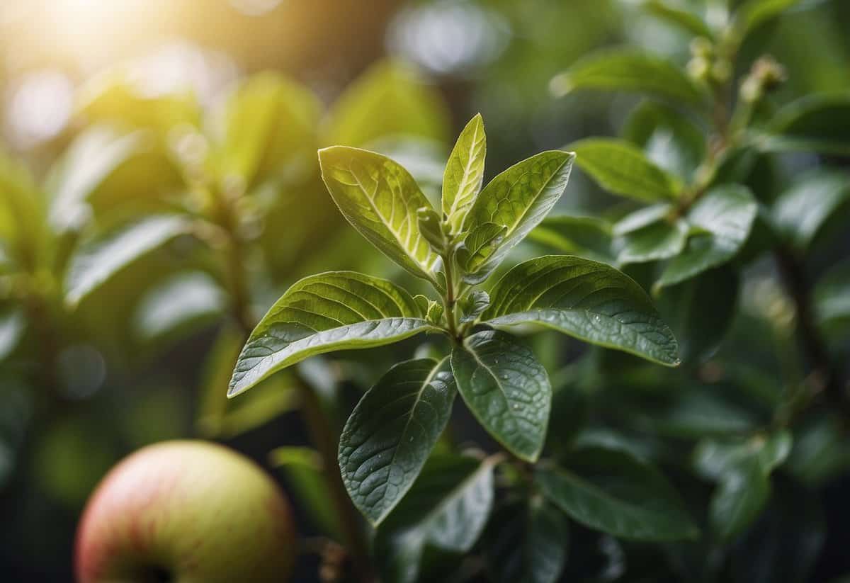 Lush green plants thrive in apple peel water, surrounded by vibrant organic additives