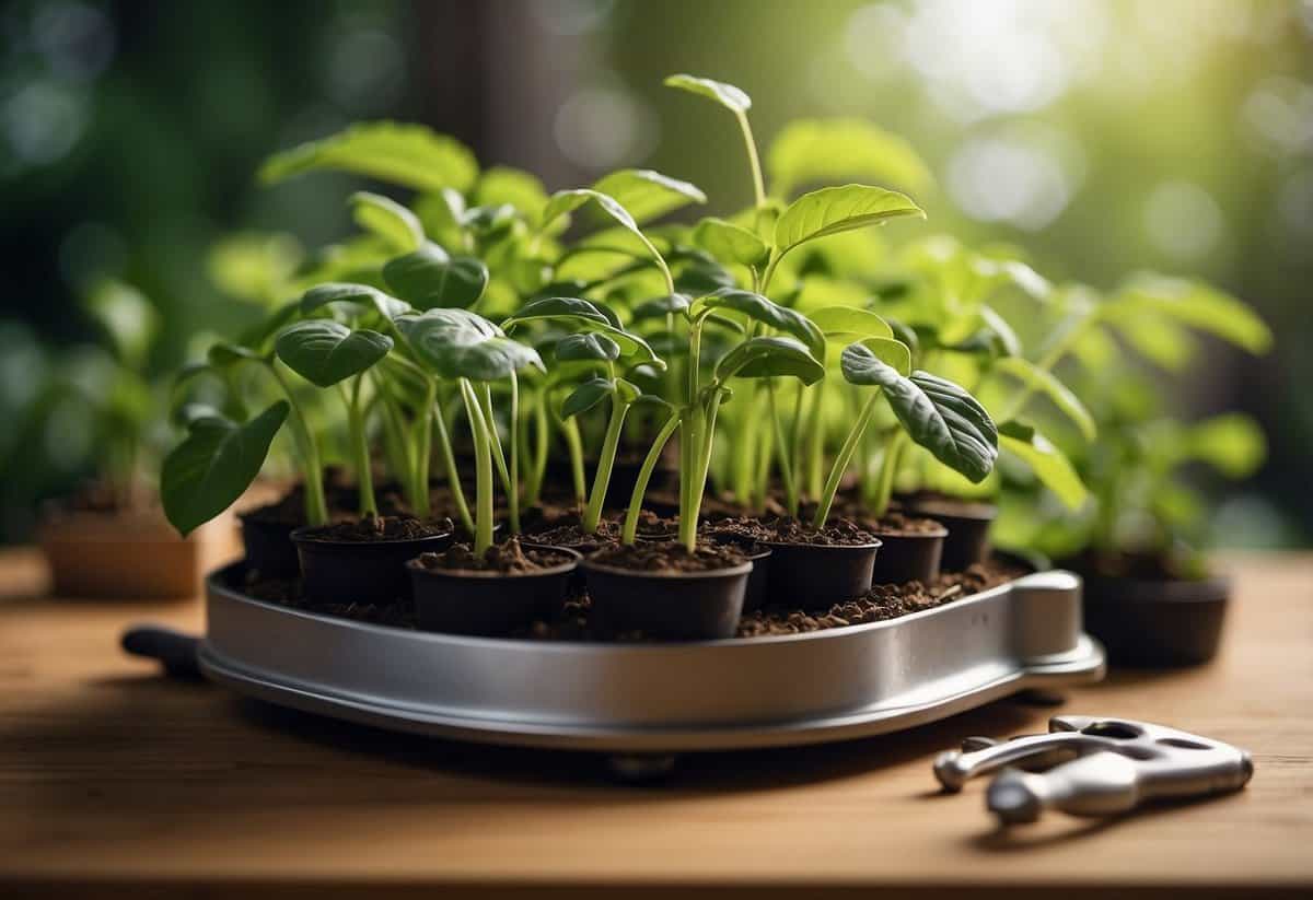 Lush green plants in various stages of growth, with healthy leaves and vibrant colors, surrounded by tools for monitoring and testing plant health