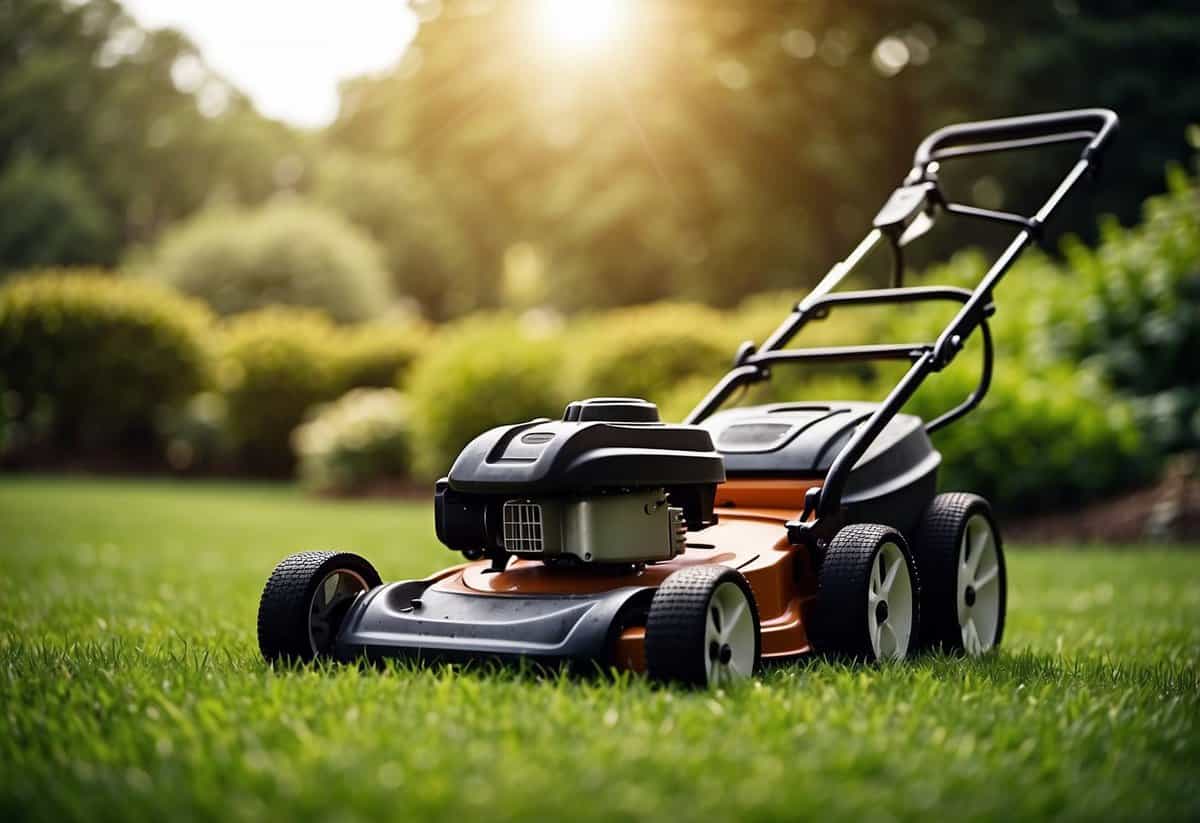 A lawnmower cutting grass in a neat and orderly pattern, with gardening tools and equipment nearby