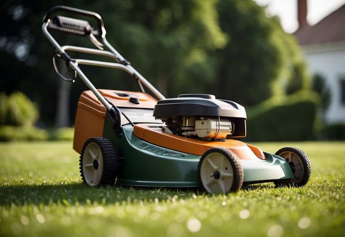 A lawn mower sits on a neatly trimmed grass lawn, with a price tag and calculator nearby