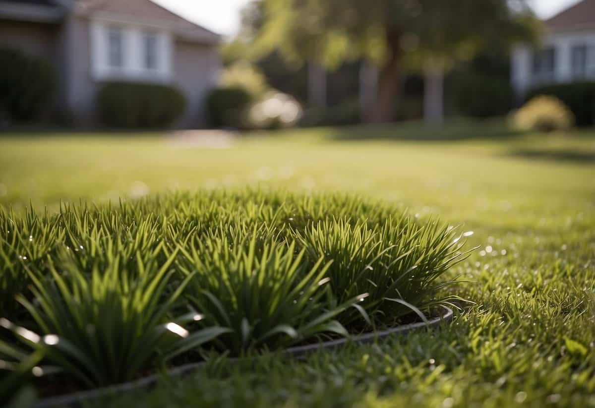 A neatly manicured lawn contrasts with an overgrown, unkempt yard. A price list or invoice for professional lawn care services is prominently displayed