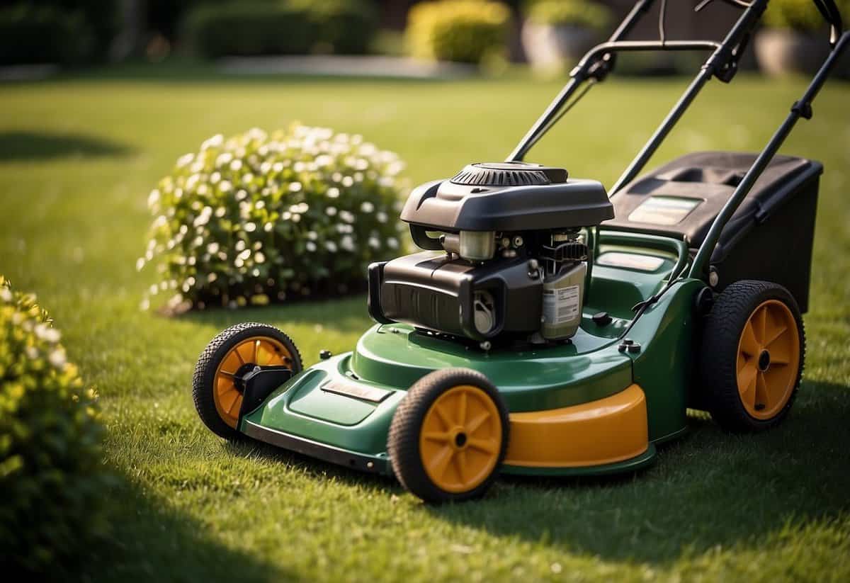 A neatly trimmed lawn with a lawnmower and a gardener's tools, a price list or quote displayed nearby