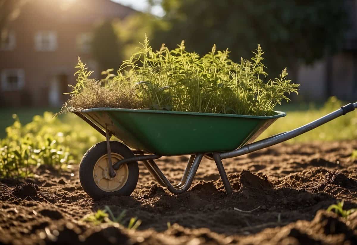 A garden bed overflows with weeds, soil clumped on the surface. Tools lay scattered, a wheelbarrow overturned. The sun beats down, casting long shadows