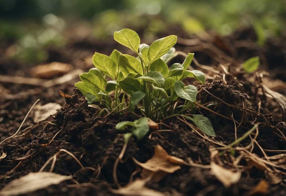 A pile of neglected, overgrown plants with wilting leaves and dried-out soil. Weeds have taken over, showing the time and effort required for gardening