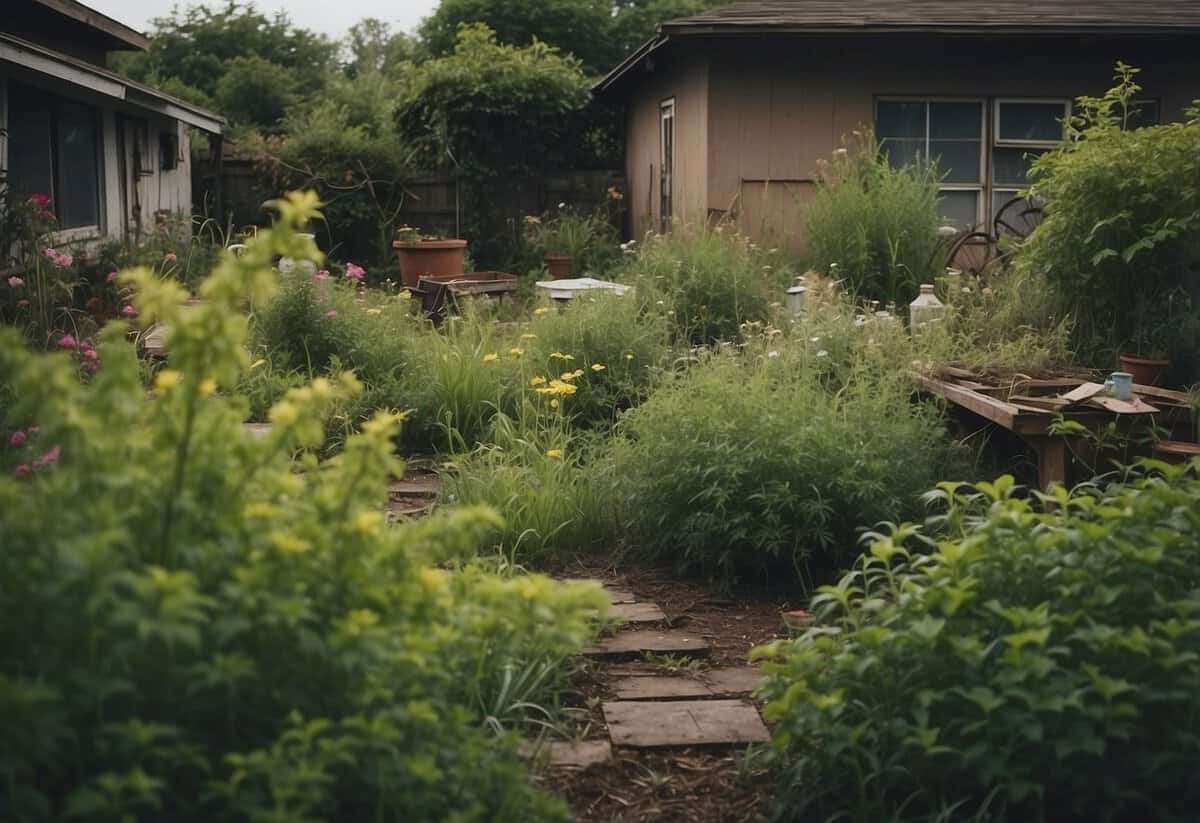 A neglected garden with overgrown weeds and wilting plants, surrounded by clutter and neglect, symbolizing the mental health implications of neglecting self-care and the impact of environmental factors on well-being