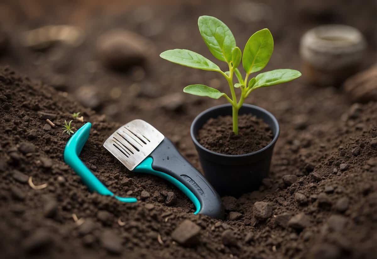 A small, stubborn seedling being carefully placed into the dry, rocky soil, surrounded by tools and pots of various sizes