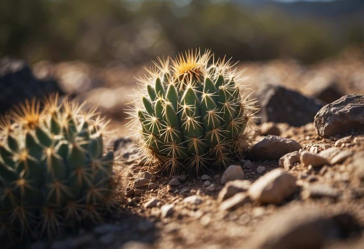 A wilted, thorny cactus in a dry, rocky soil, surrounded by other failed attempts at planting