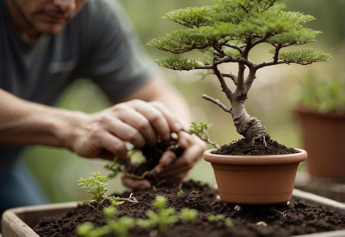 A struggling gardener attempts to plant a delicate bonsai tree in a small pot, carefully tending to the fragile roots and ensuring proper soil and watering