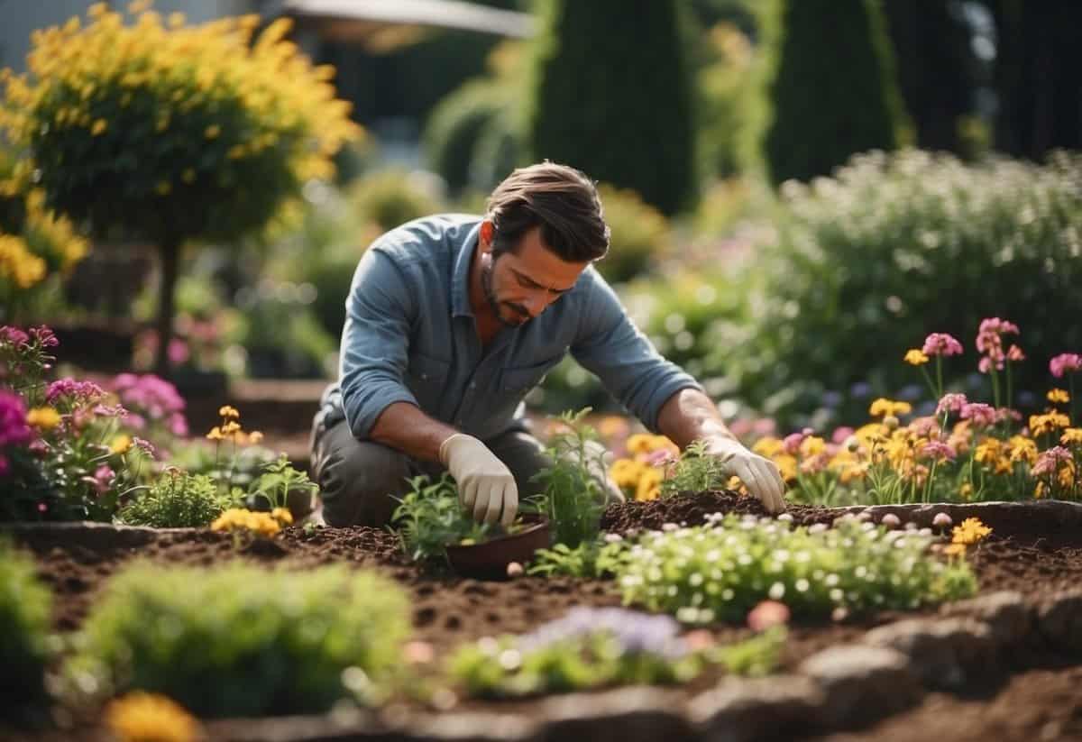 Lush garden with intricate flower beds, a gardener struggles to plant delicate ornamental flowers in the rocky soil