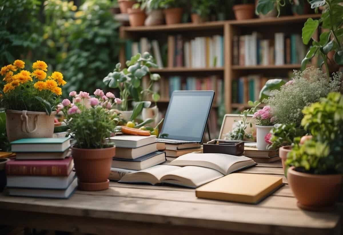 A lush garden with colorful flowers and vegetables, surrounded by books and art supplies, evoking a peaceful and creative atmosphere