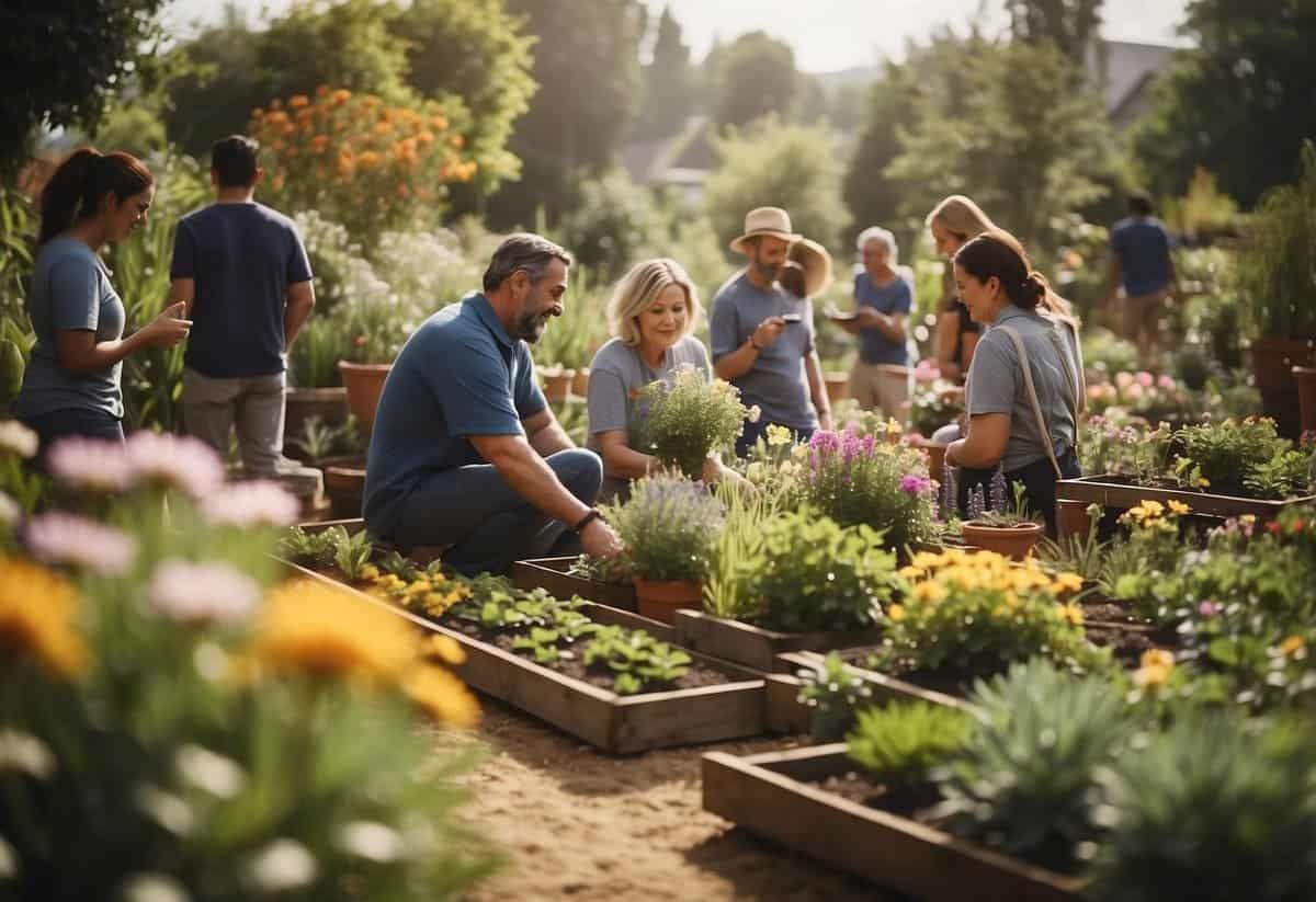 A vibrant garden with diverse plants and flowers, surrounded by happy and engaged community members working together to cultivate and nurture the space