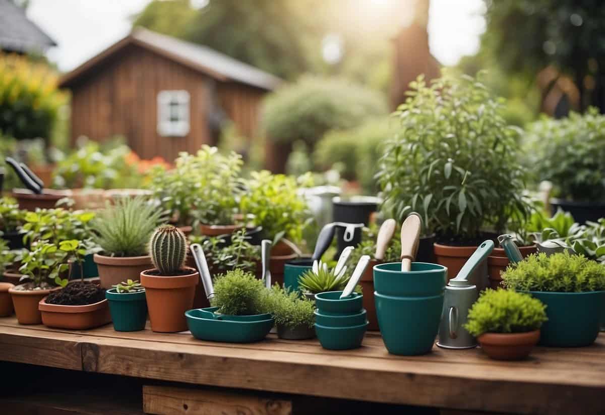 A well-organized garden with labeled plants, a calendar for planting, and neatly arranged gardening tools