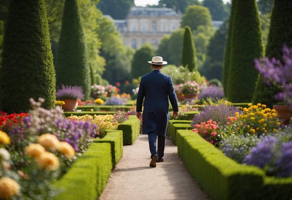 A royal gardener tends to vibrant, meticulously manicured gardens at the palace, surrounded by lush greenery and colorful blooms