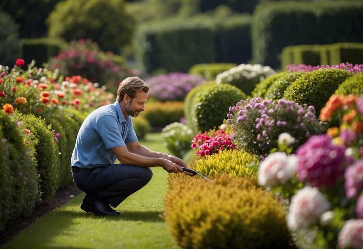 A royal gardener tends to lush, manicured gardens at the Royal Household, surrounded by colorful blooms and neatly trimmed hedges