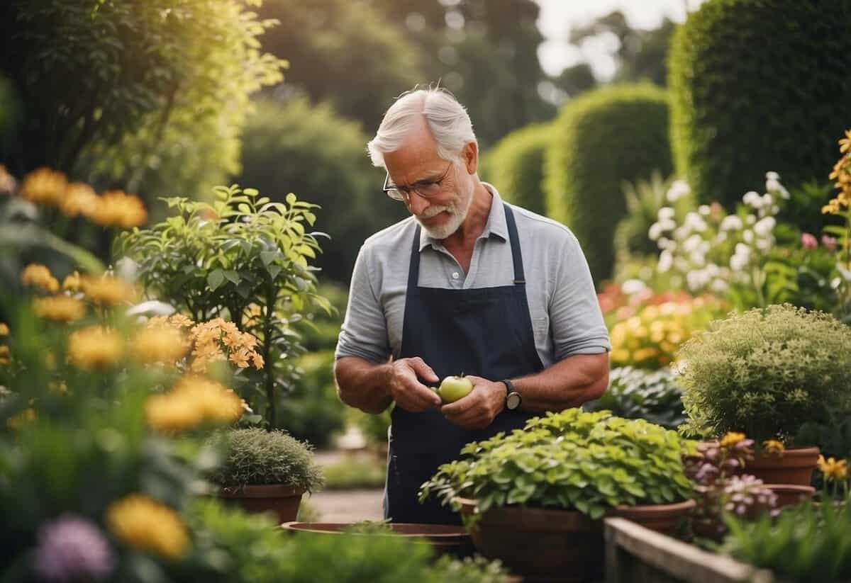 A royal gardener tends to lush gardens, showcasing expertise and dedication. The serene setting exudes elegance and precision in every detail