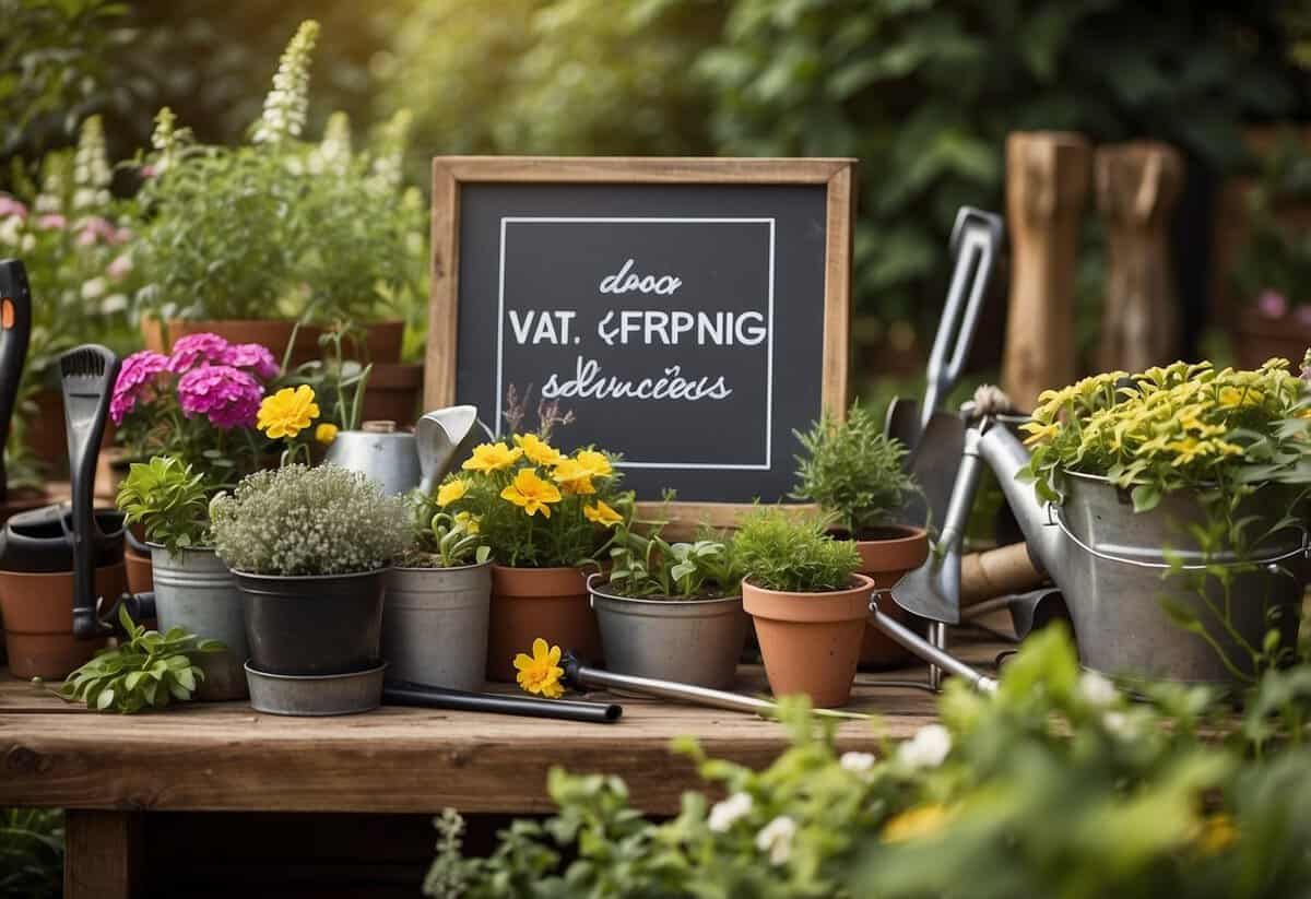 A variety of gardening tools and equipment are surrounded by different types of plants and flowers, with a sign displaying "VAT for Different Types of Gardening Services" prominently placed in the background