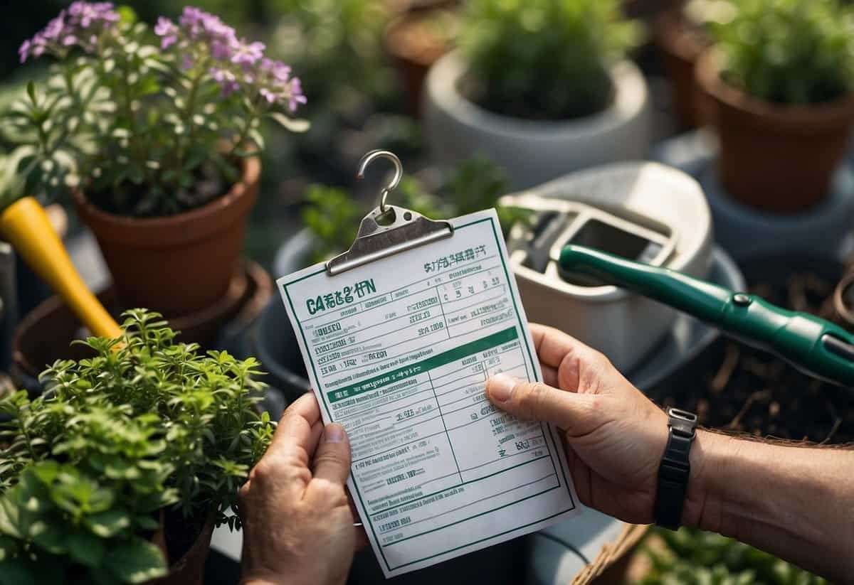 A gardener holding a receipt with VAT information, surrounded by gardening tools and plants