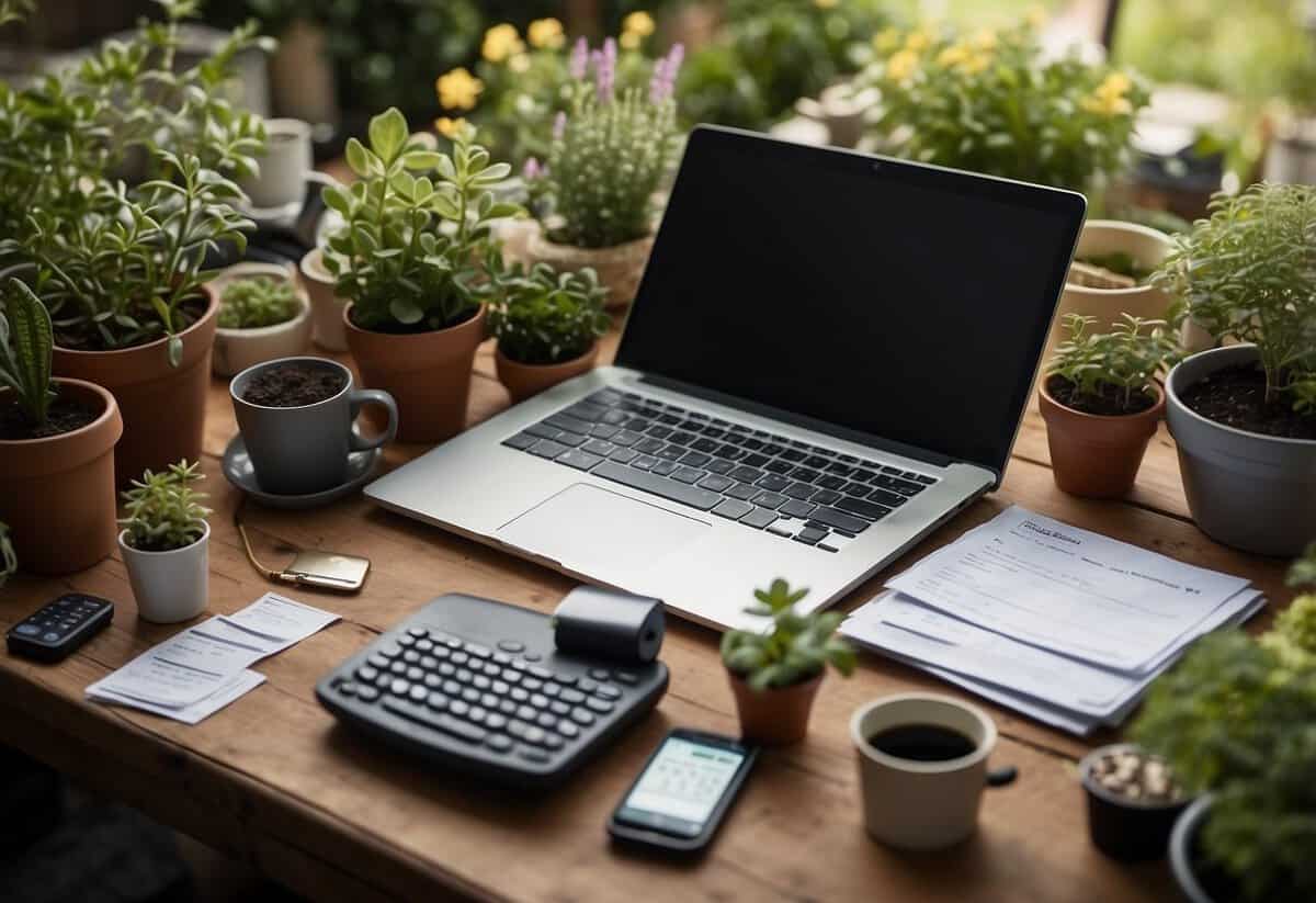 A professional gardener is calculating VAT on a laptop surrounded by gardening tools and invoices