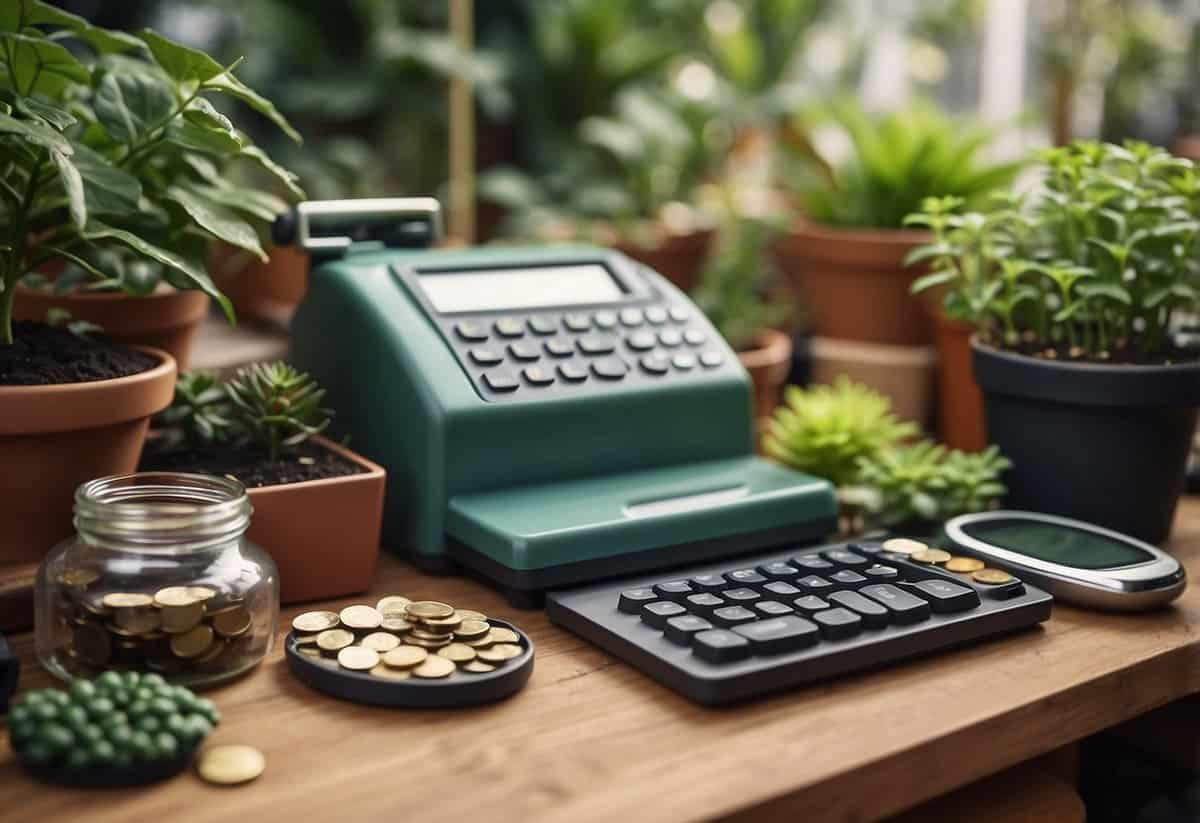 Garden tools, plants, and a cash register with VAT included