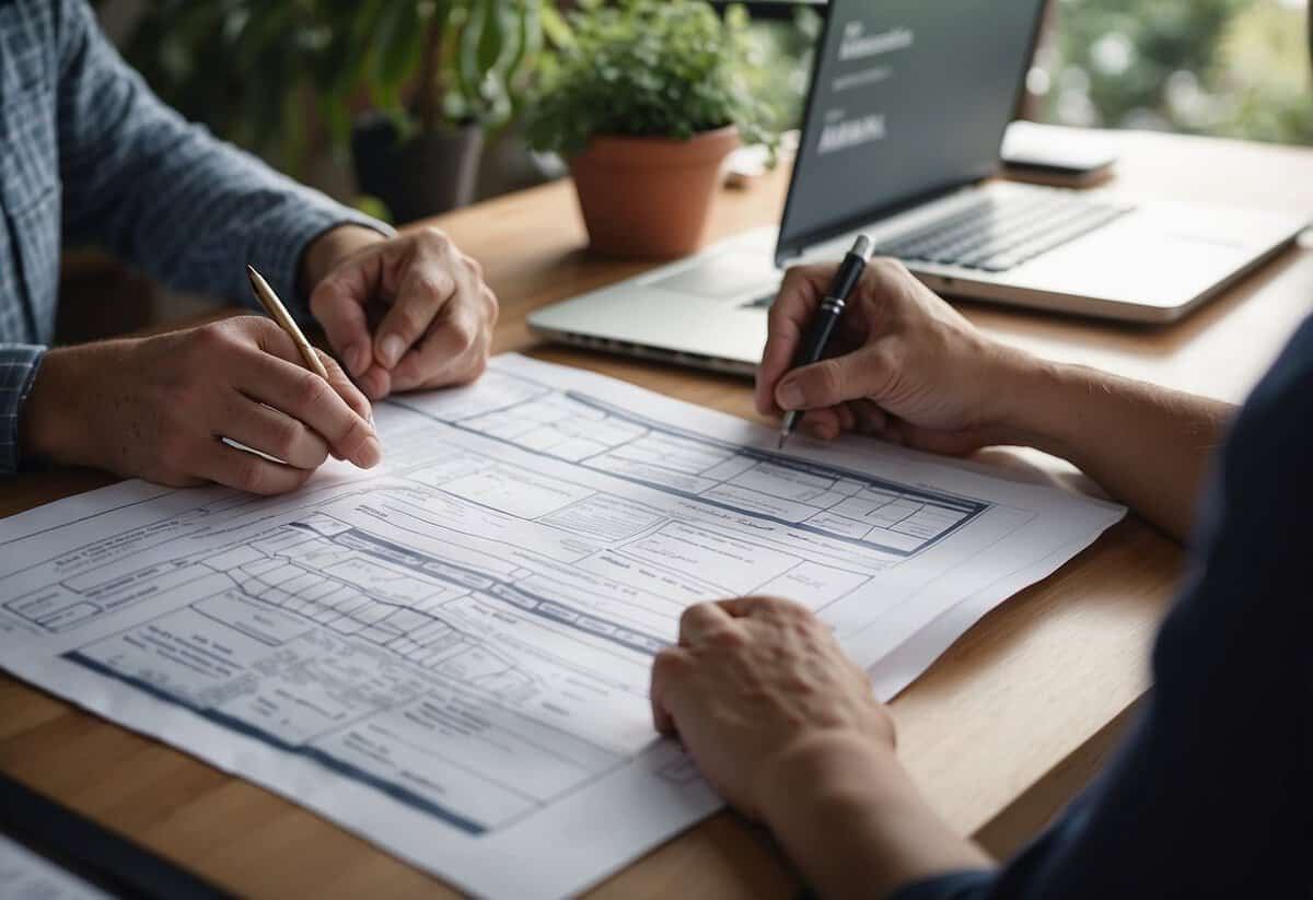 A person submitting a planning application for garden work, with forms, blueprints, and a computer on a desk