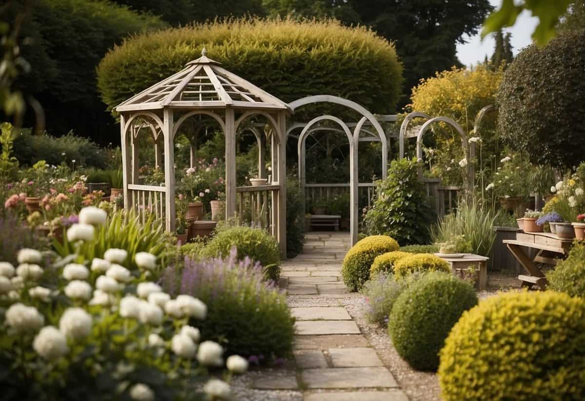 A garden with various structures: pergolas, gazebos, and sheds. A sign reads "Guidelines for Specific Garden Structures" with a question "Do you need planning permission for work in the garden?"