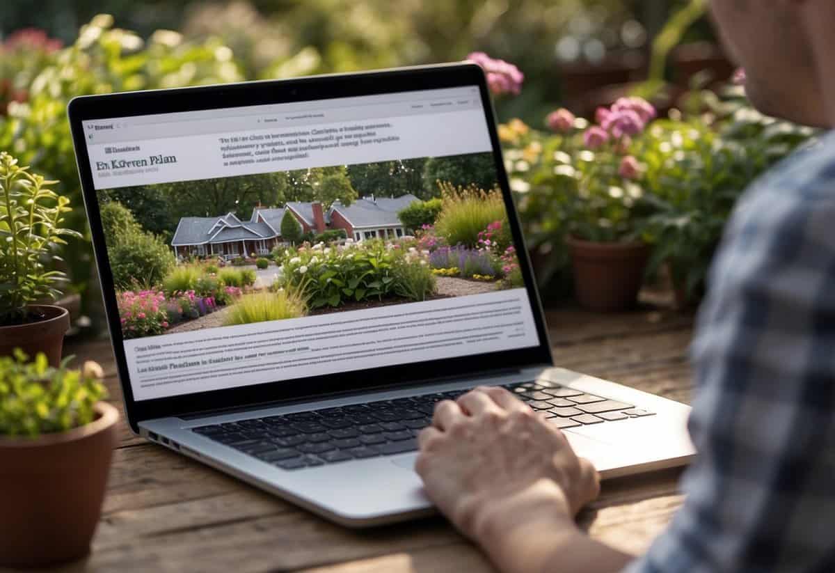 A person researching garden development regulations, looking at a laptop with a garden plan and local zoning regulations