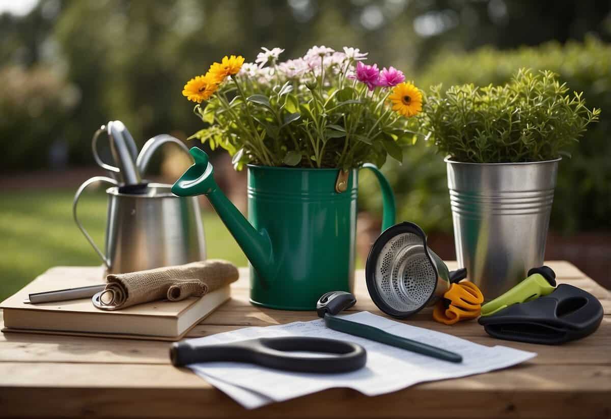 A variety of gardening tools and supplies laid out on a table, including gloves, trowels, seeds, and a watering can. A notebook with a garden plan and maintenance checklist sits nearby